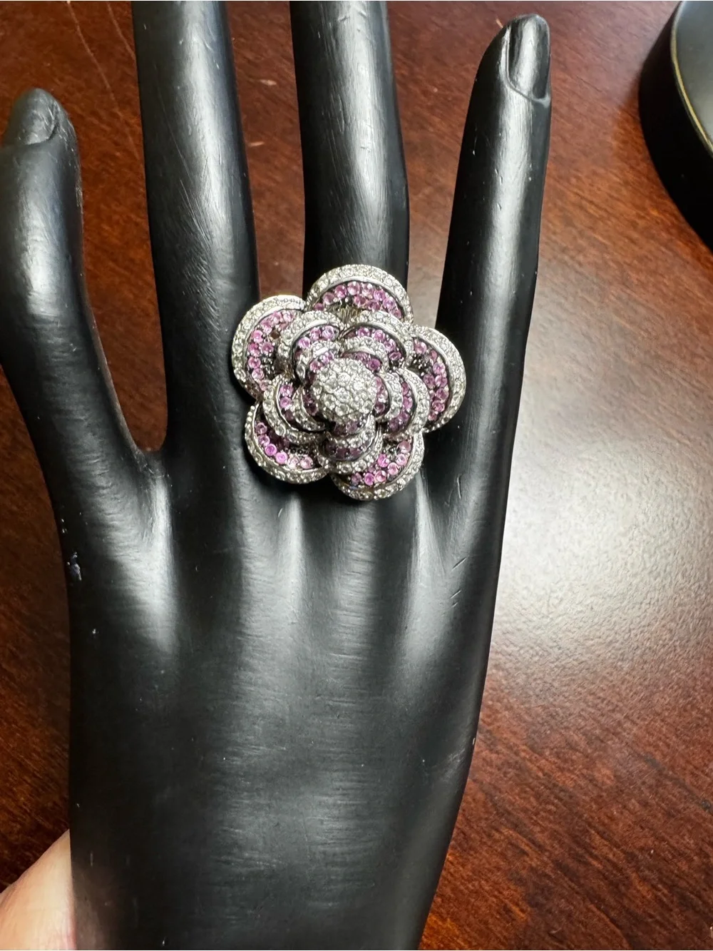 Sterling silver party/special occasion ring. Pink, black and clear stones. Size7